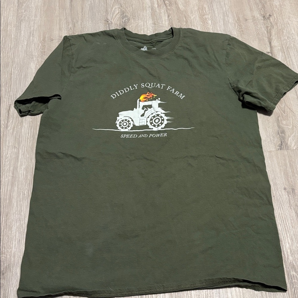 Olive Green Graphic Tee with Tractor Design